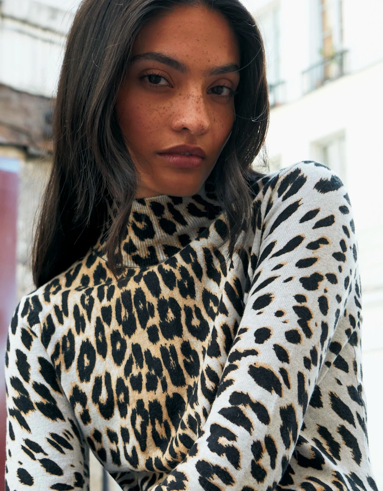 Leopard-Print Turtleneck Cotton and Cashmere-Blend Top