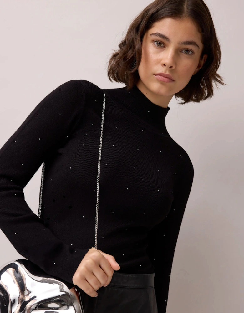 Black Sparkle Knit Roll Neck Top