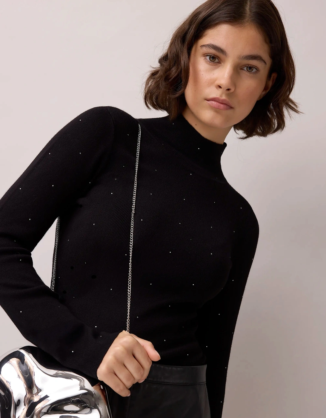 Black Sparkle Knit Roll Neck Top