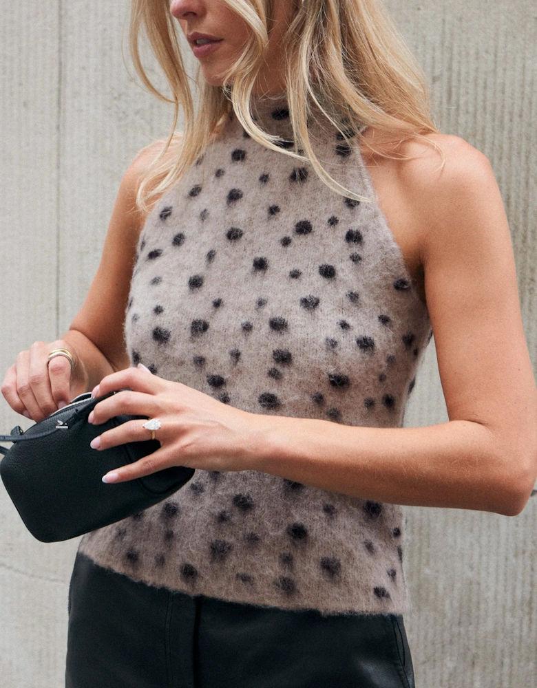 Neutral Deer Print Turtle Neck Knit Top With Wool And Alpaca
