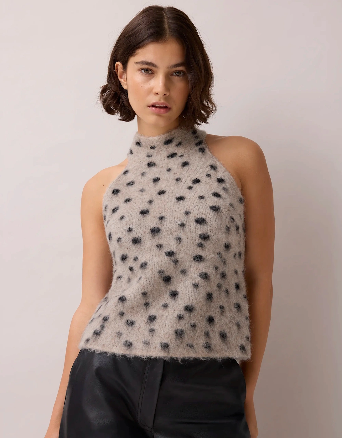 Neutral Deer Print Turtle Neck Knit Top With Wool And Alpaca
