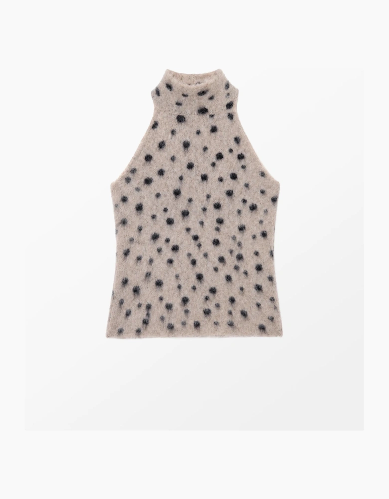 Neutral Deer Print Turtle Neck Knit Top With Wool And Alpaca