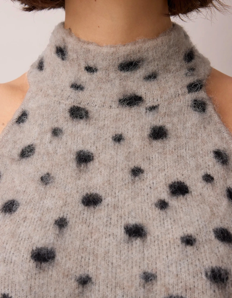 Neutral Deer Print Turtle Neck Knit Top With Wool And Alpaca