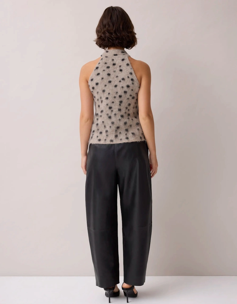 Neutral Deer Print Turtle Neck Knit Top With Wool And Alpaca