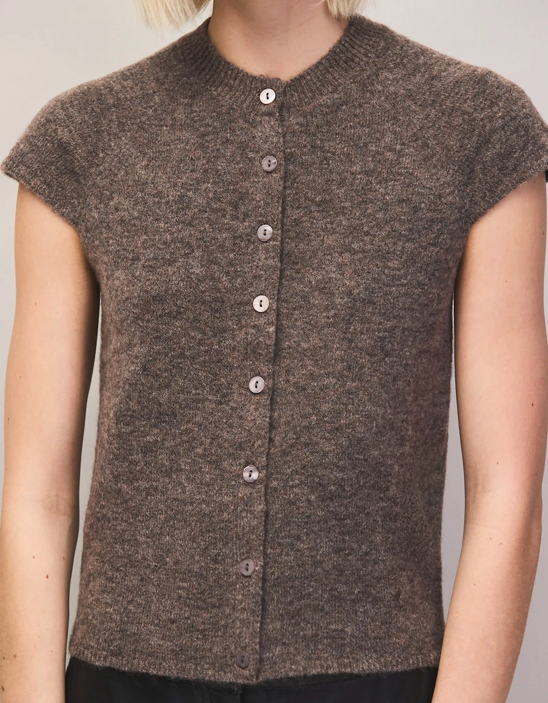 Mocha Button Through Knit Top With Wool And Alpaca