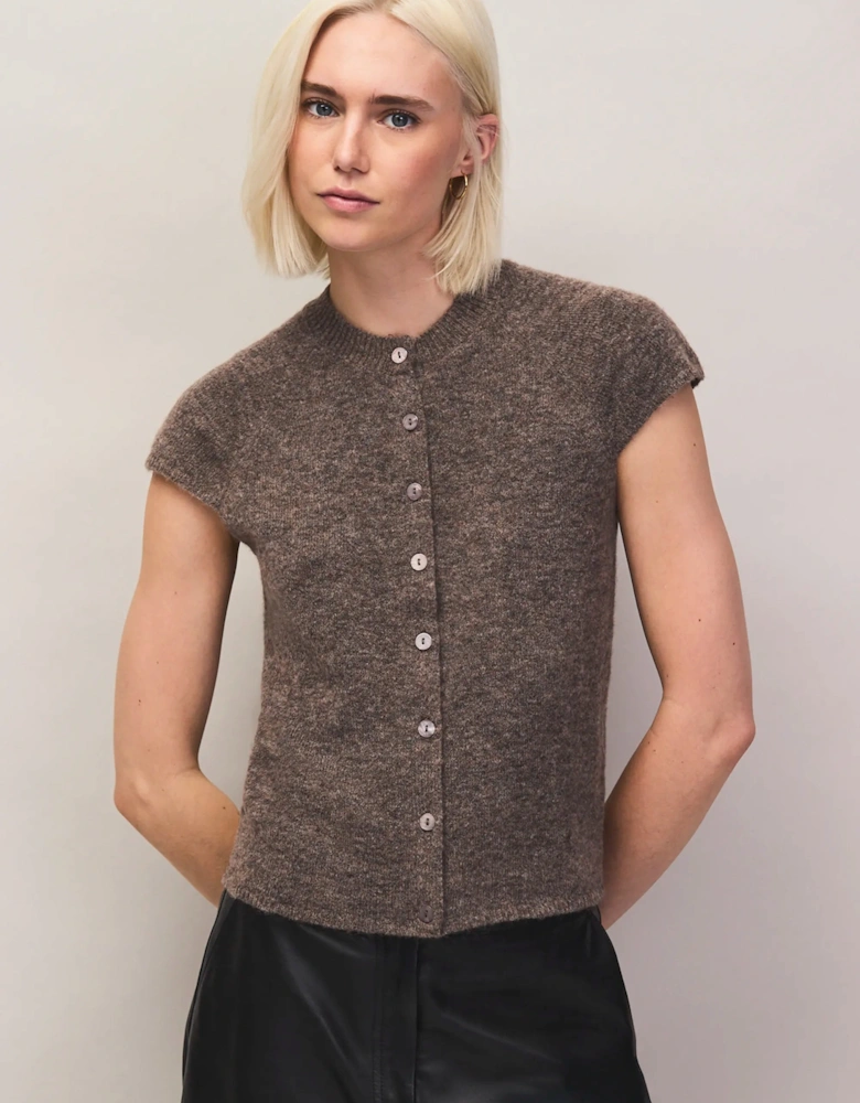 Mocha Button Through Knit Top With Wool And Alpaca