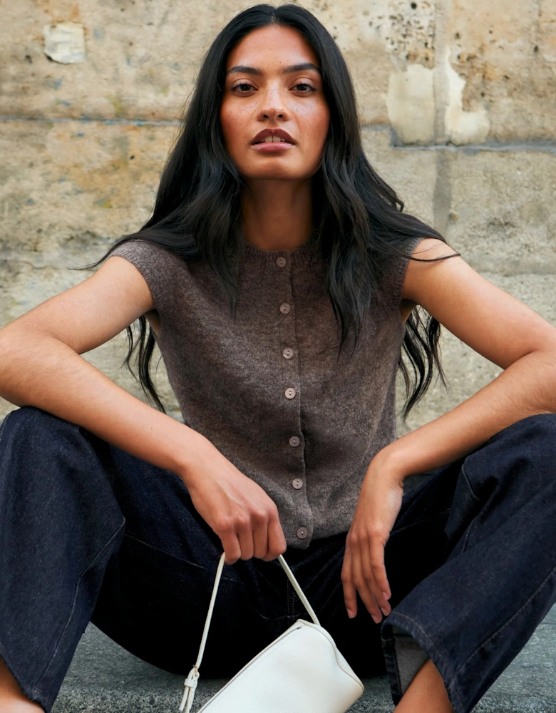 Mocha Button Through Knit Top With Wool And Alpaca