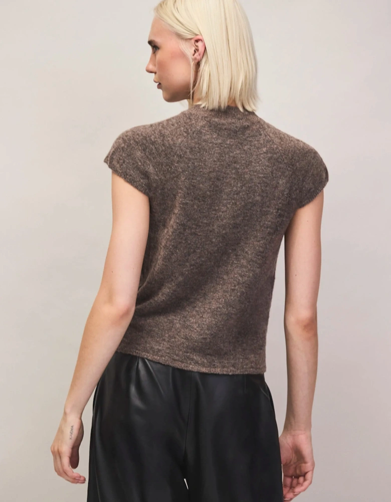 Mocha Button Through Knit Top With Wool And Alpaca