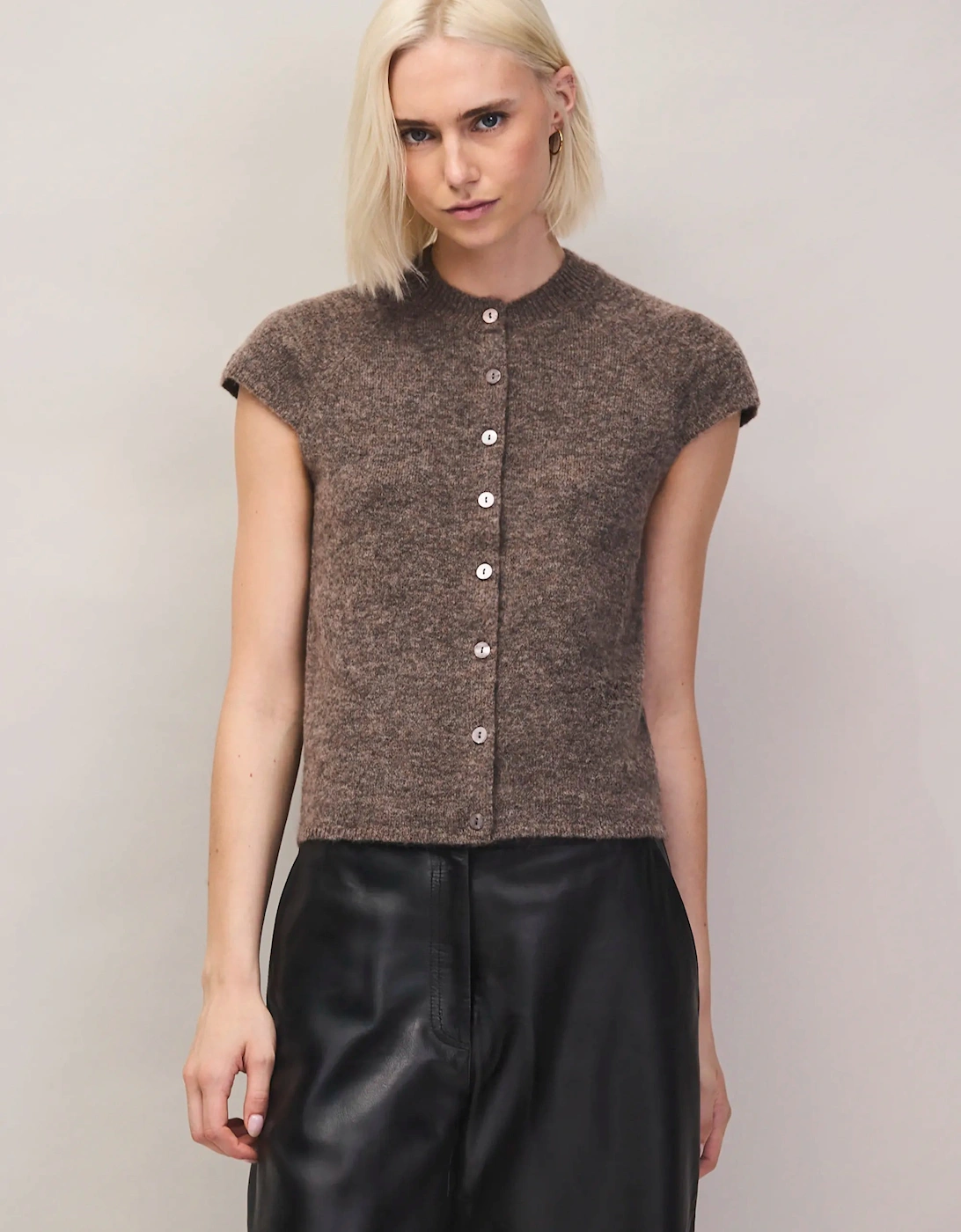 Mocha Button Through Knit Top With Wool And Alpaca