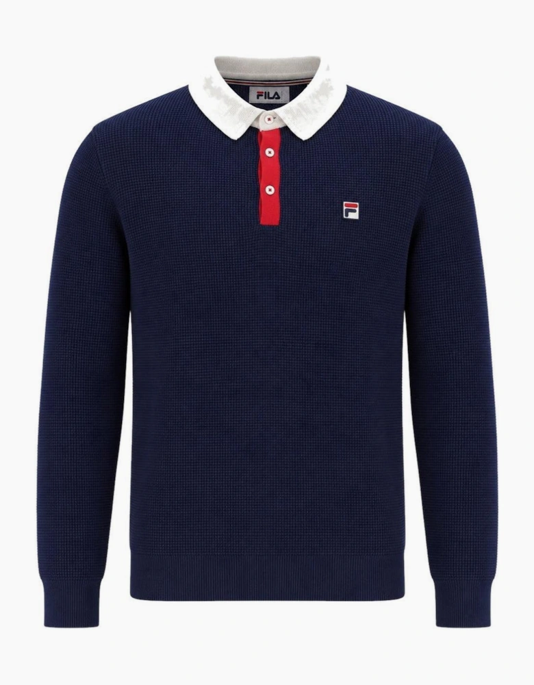 Fila Nowell Waffle Knit Long Sleeve Polo Shirt Fila Navy/Gardenia/Fila Red