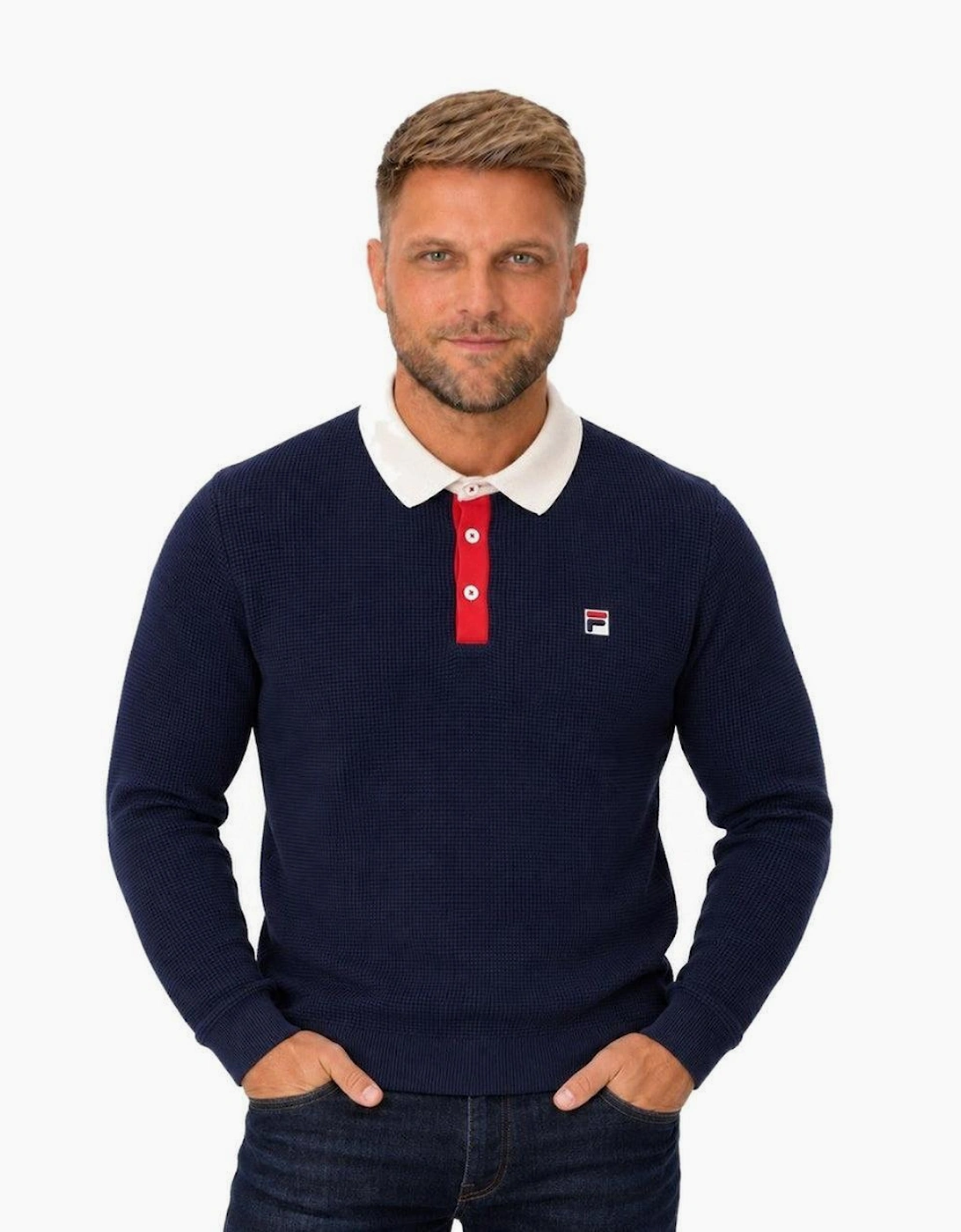 Fila Nowell Waffle Knit Long Sleeve Polo Shirt Fila Navy/Gardenia/Fila Red