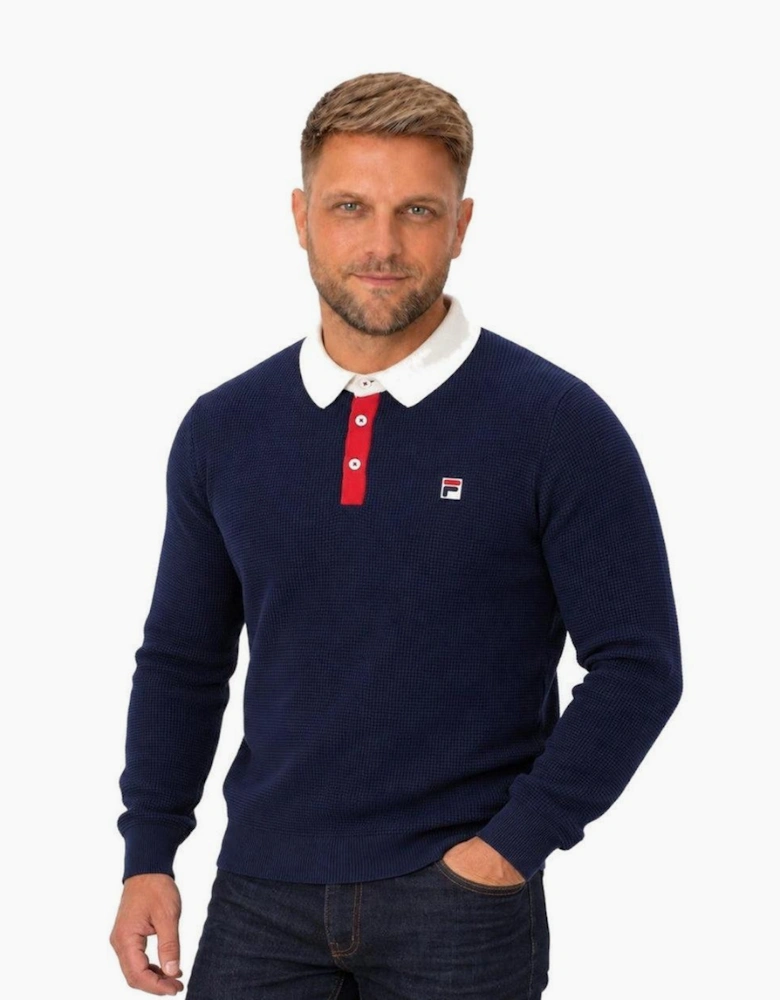 Fila Nowell Waffle Knit Long Sleeve Polo Shirt Fila Navy/Gardenia/Fila Red