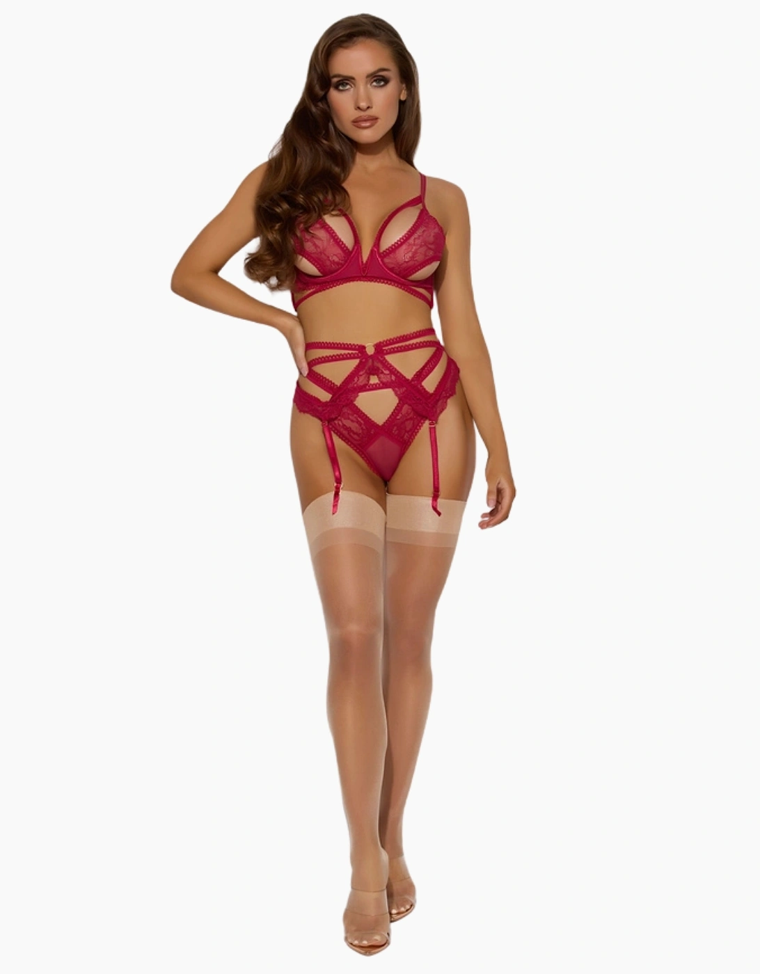 Hd00502a House Of Desire Bianca Strappy Lace Bra, Garter & Hipster Set