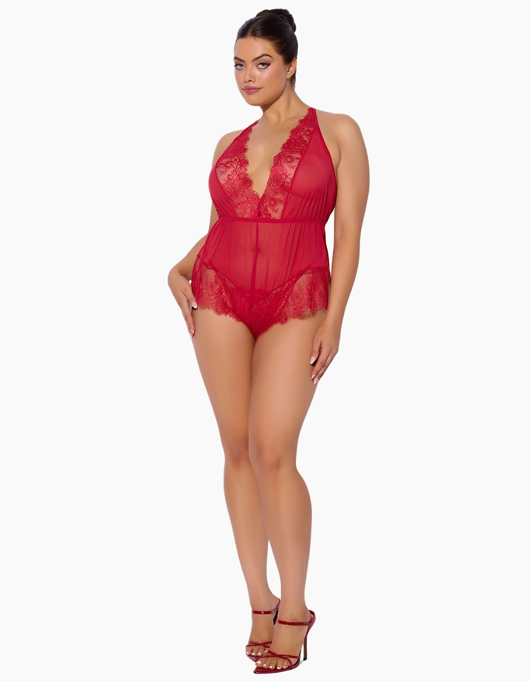 Hd00204a House Of Desire Mila Mesh & Eyelash Lace High Slit Romper Teddy