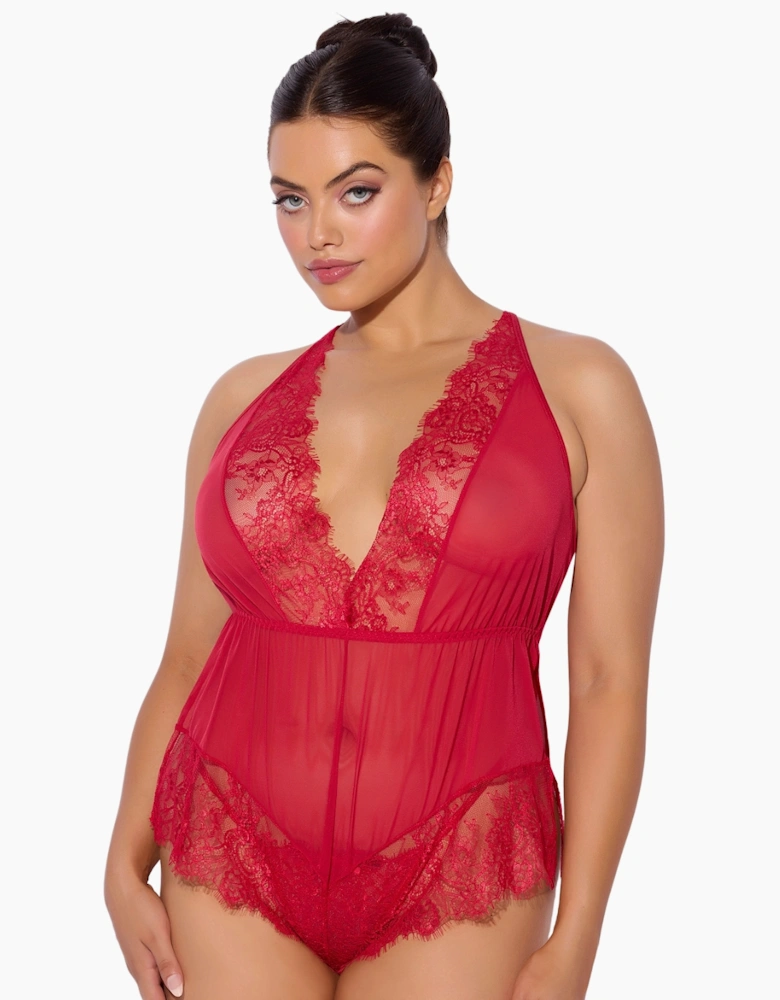 Hd00204a House Of Desire Mila Mesh & Eyelash Lace High Slit Romper Teddy