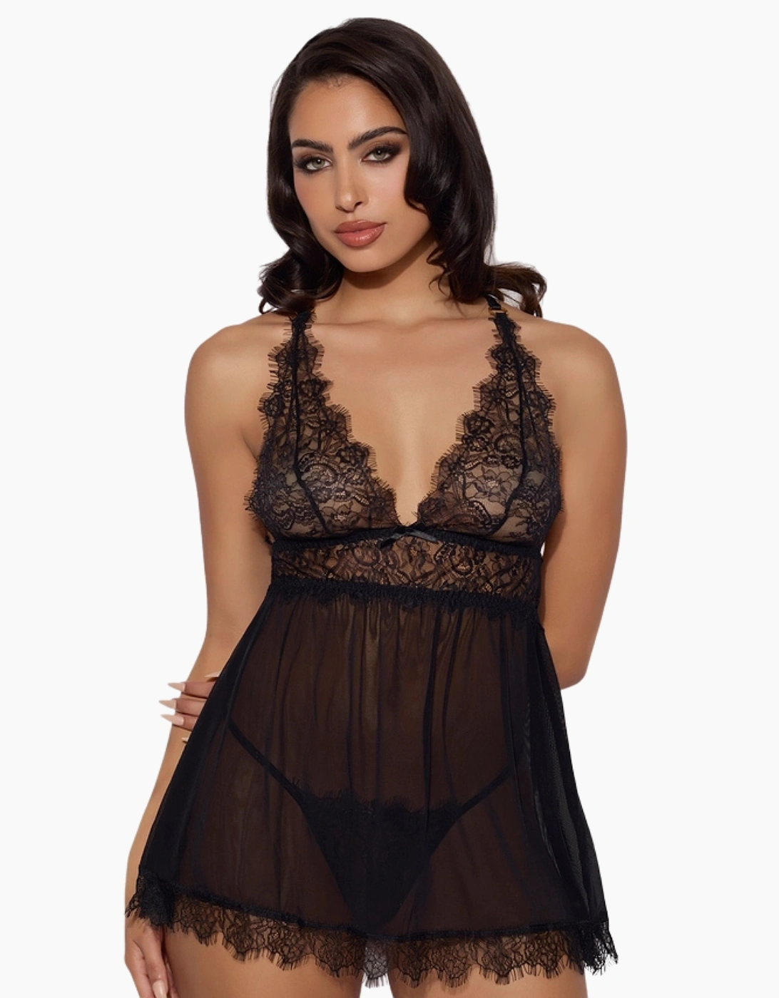 Hd00205a House Of Desire Mila Eyelash Lace & Mesh Babydoll & Thong Set
