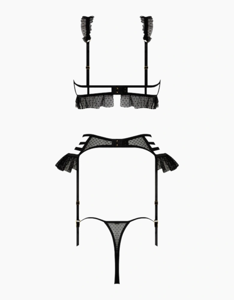 Hd00602a House Of Desire Portia Swiss Dot Cutout Bra, Garter & Thong Set