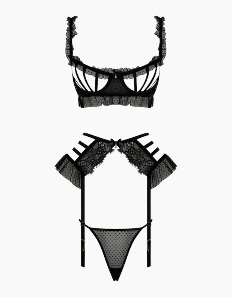 Hd00602a House Of Desire Portia Swiss Dot Cutout Bra, Garter & Thong Set