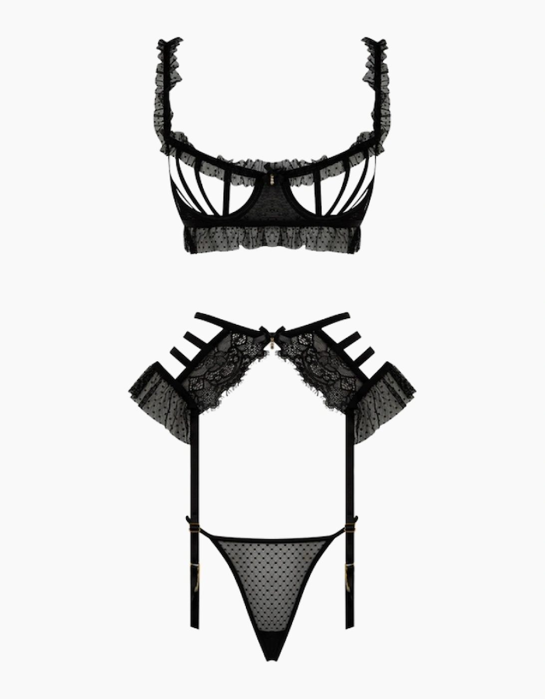 Hd00602a House Of Desire Portia Swiss Dot Cutout Bra, Garter & Thong Set