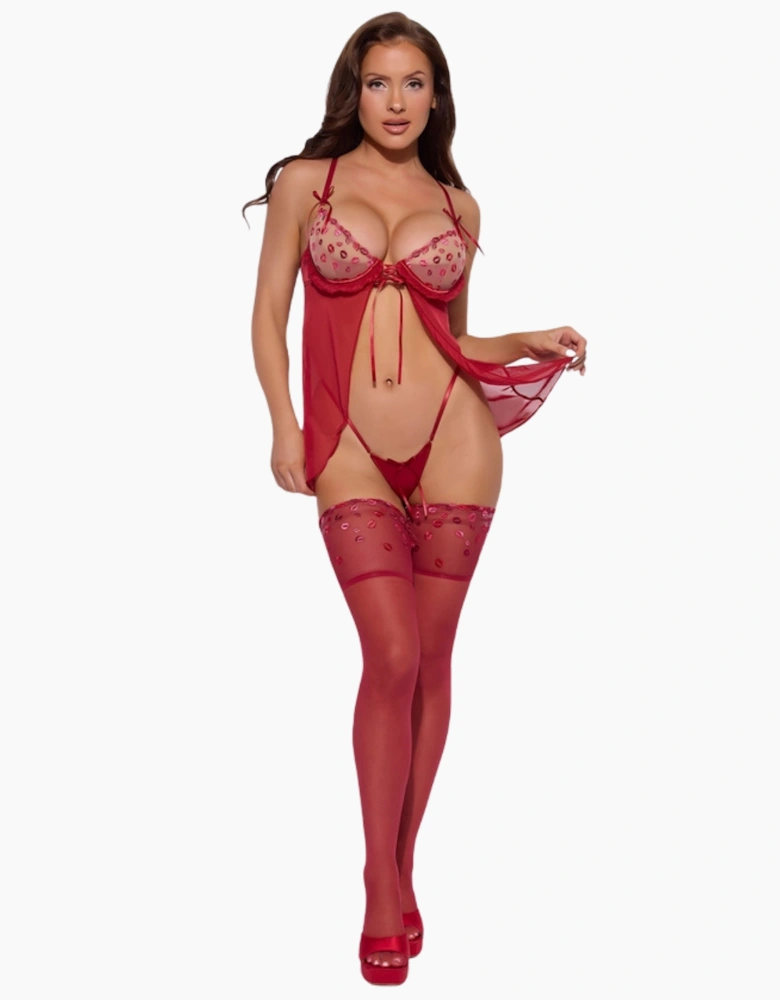 Hd07005a House Of Desire Angelina Embroidered Babydoll & Thong Set
