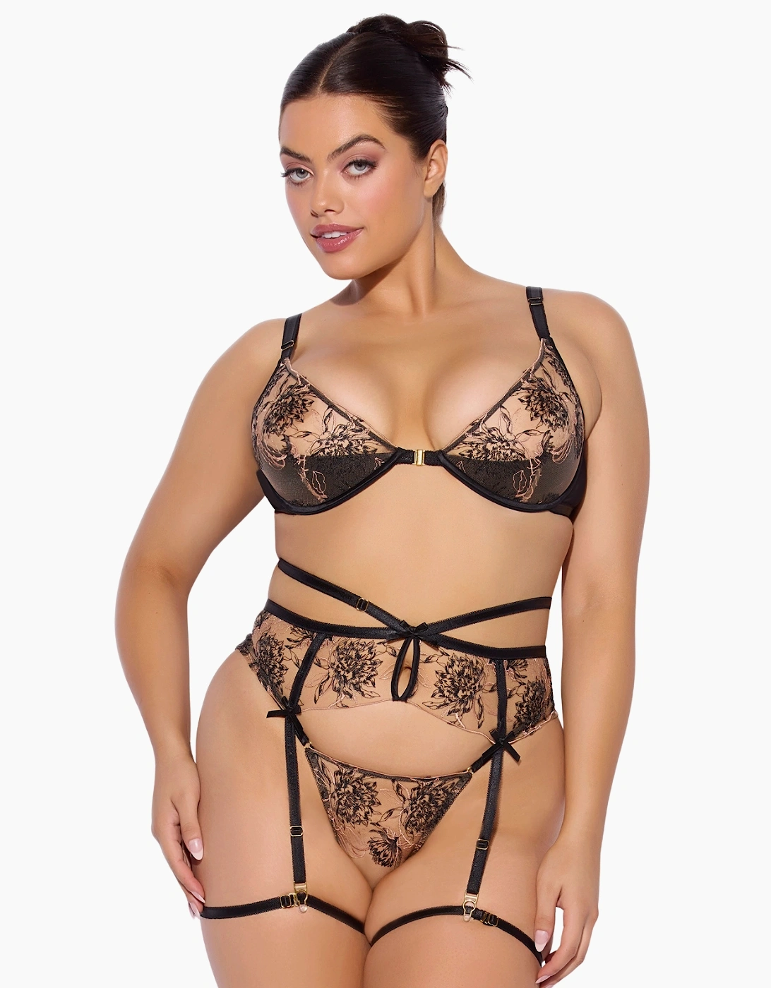 Hd06202a House Of Desire Delilah Embroidered Push Up Bra, Garter And Thong Set