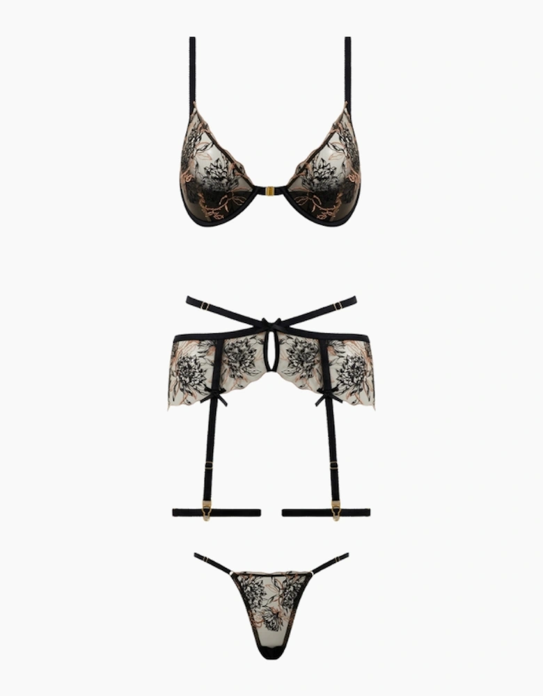 Hd06202a House Of Desire Delilah Embroidered Push Up Bra, Garter And Thong Set