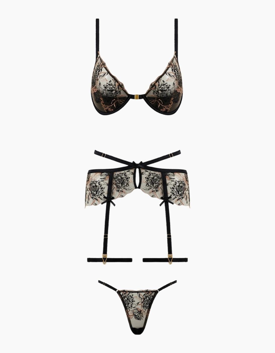 Hd06202a House Of Desire Delilah Embroidered Push Up Bra, Garter And Thong Set