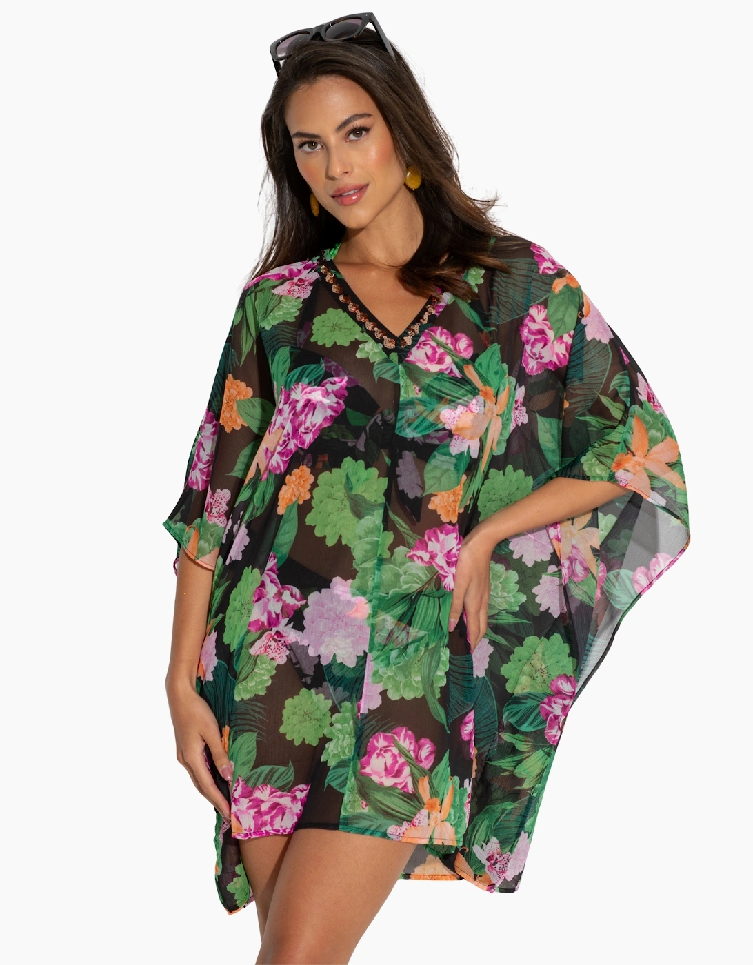 91146 Pour Moi  Chiffon V-Neck Embellished Kaftan