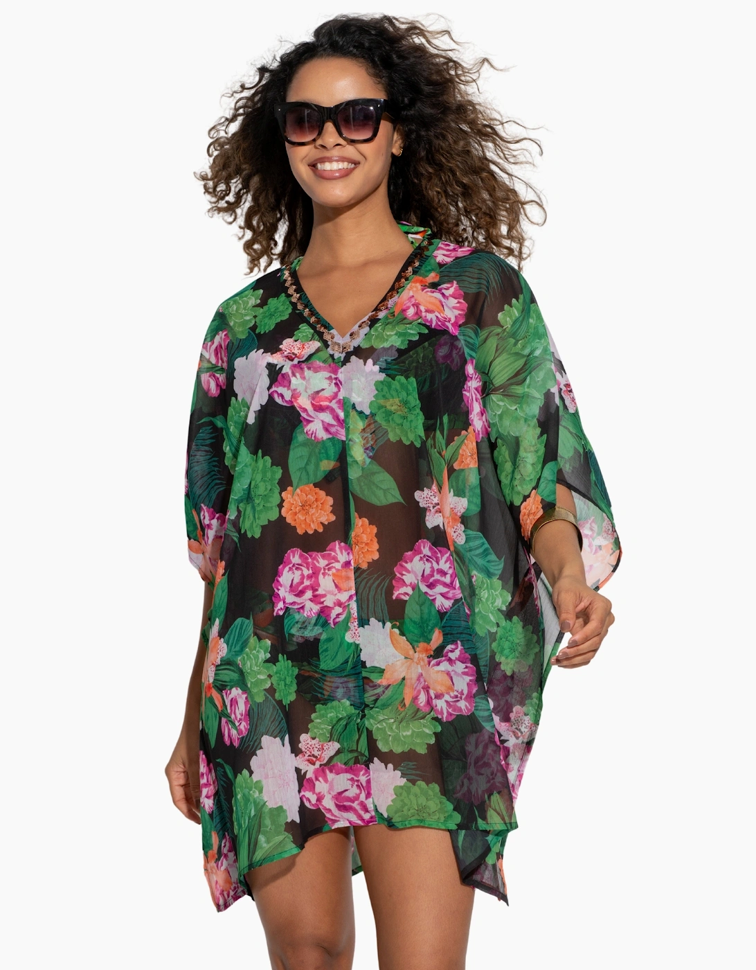 91146 Pour Moi  Chiffon V-Neck Embellished Kaftan