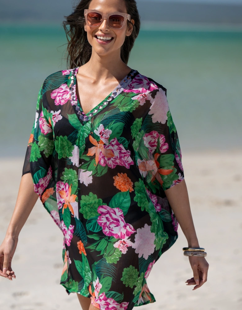 91146 Pour Moi  Chiffon V-Neck Embellished Kaftan