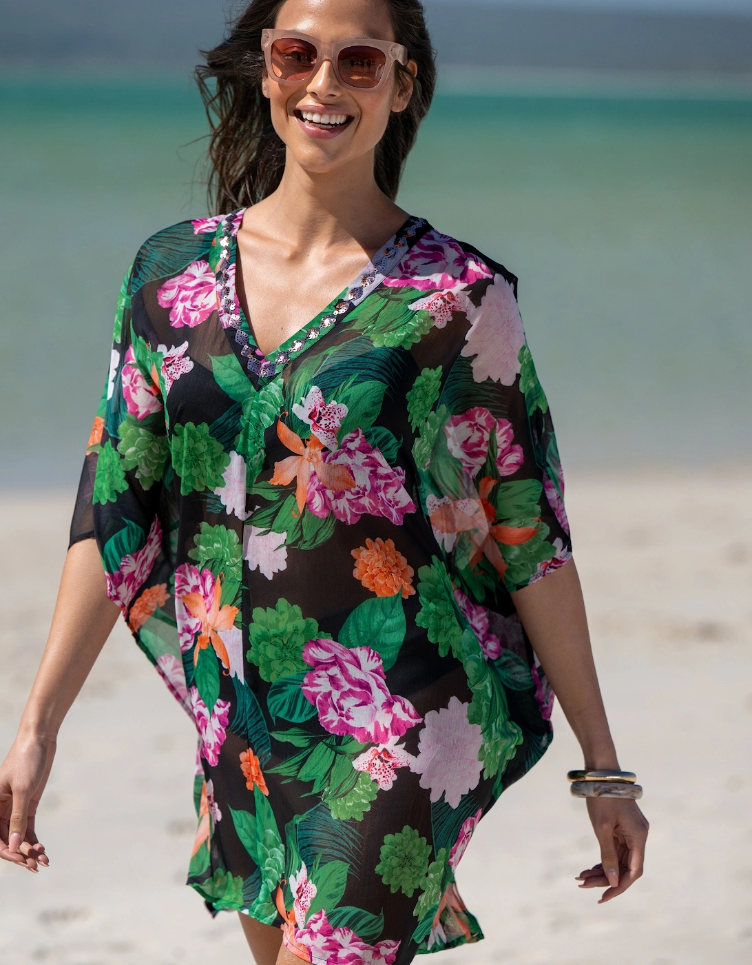 91146 Pour Moi  Chiffon V-Neck Embellished Kaftan
