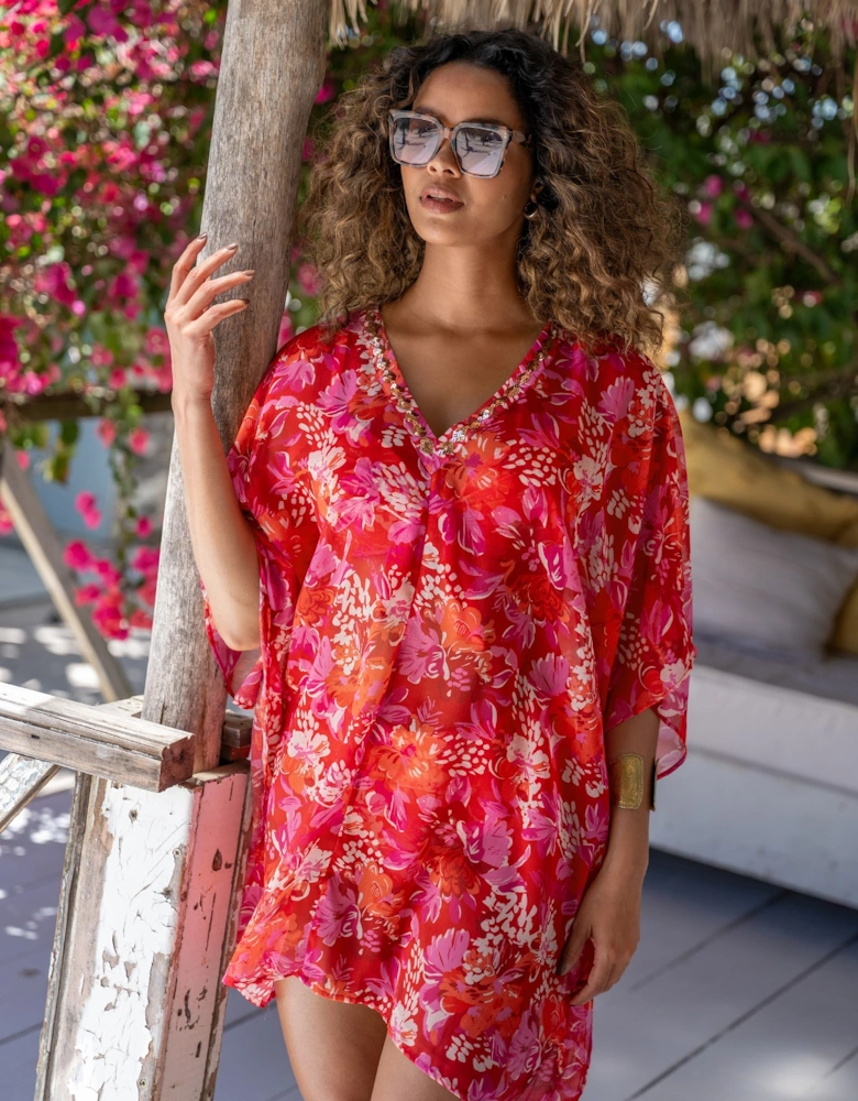 91146 Pour Moi  Chiffon V-Neck Embellished Kaftan