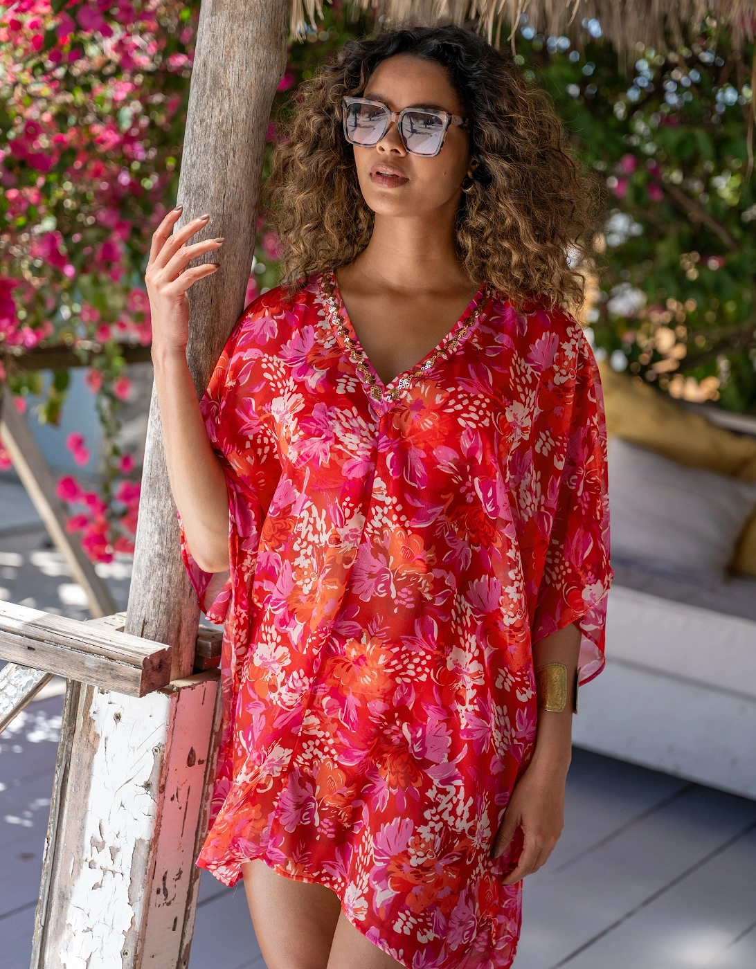 91146 Pour Moi  Chiffon V-Neck Embellished Kaftan