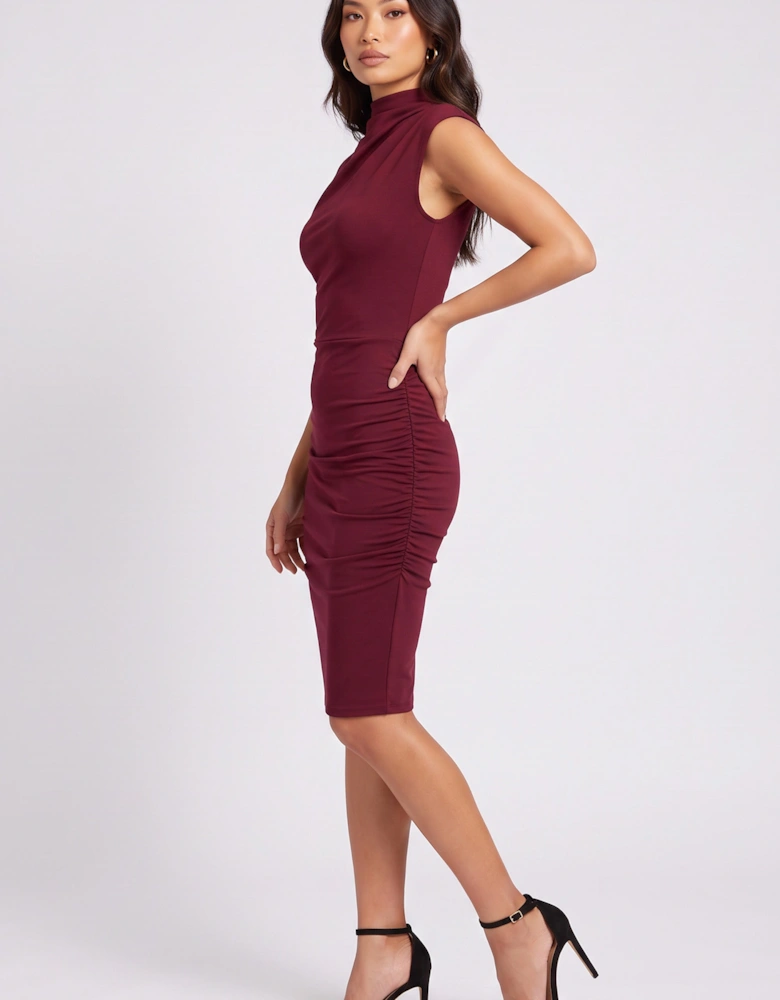 Oxblood Scuba Crepe High Neck Mini Dress