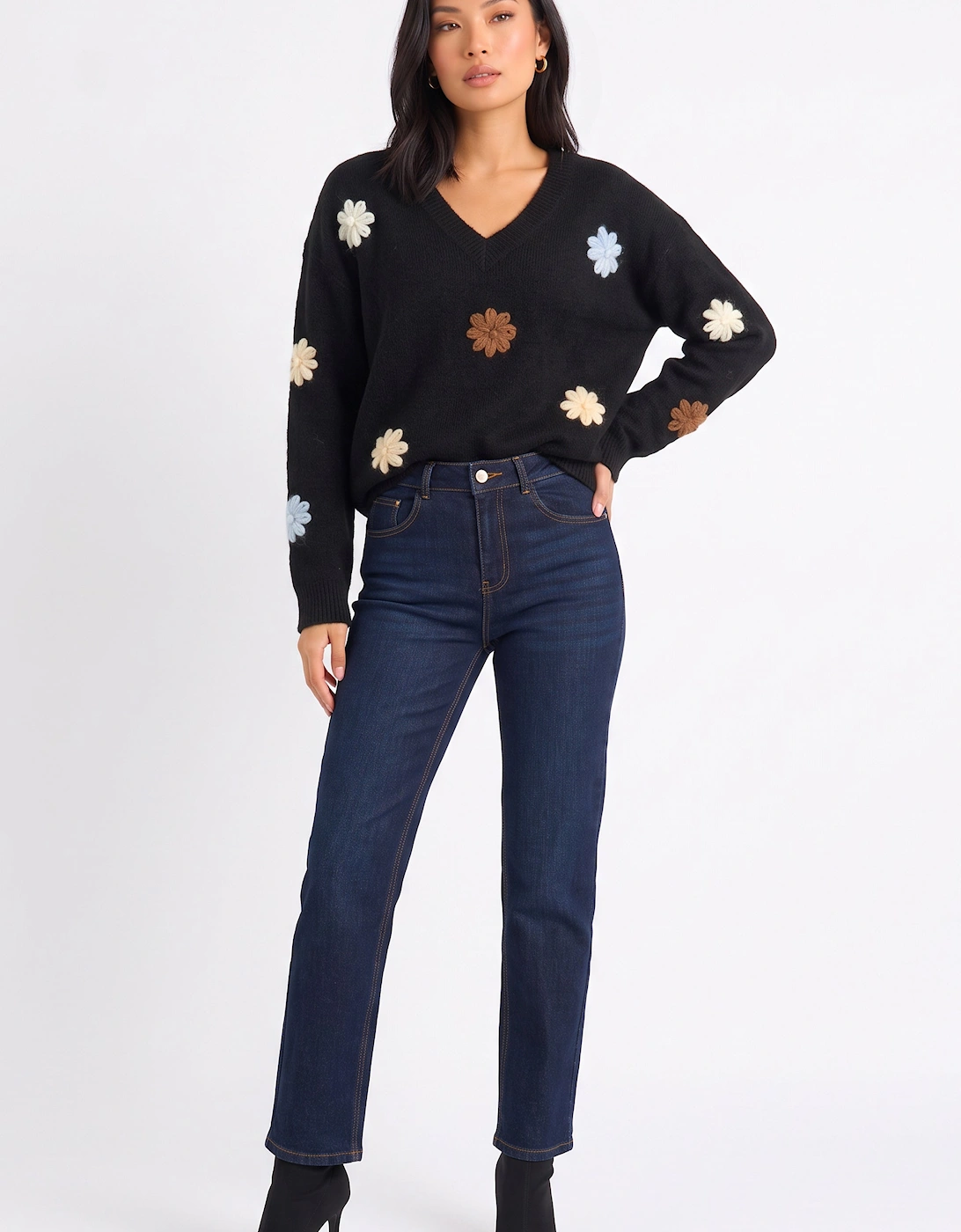 Black Crochet 3D Floral Knitted Jumper
