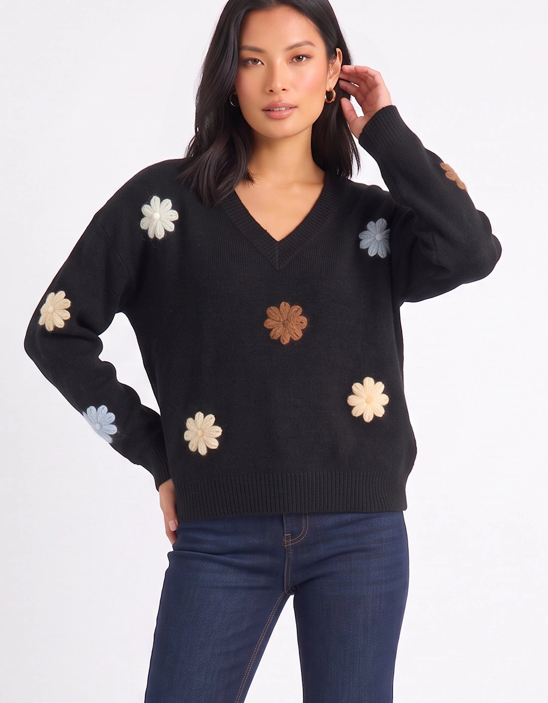 Black Crochet 3D Floral Knitted Jumper