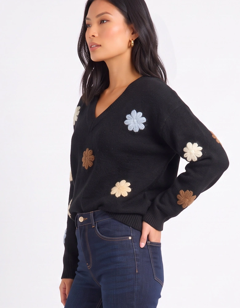 Black Crochet 3D Floral Knitted Jumper