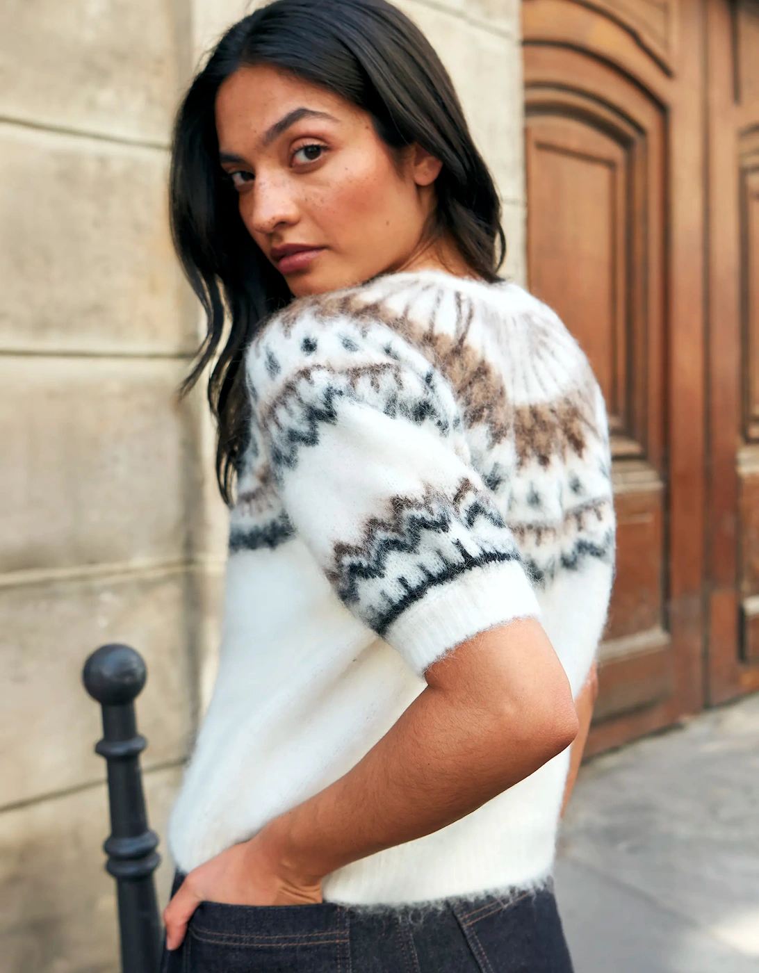 Ivory Fair Isle Brushed Knit Top With Wool And Mohair