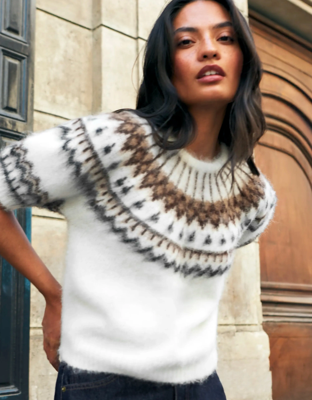 Ivory Fair Isle Brushed Knit Top With Wool And Mohair