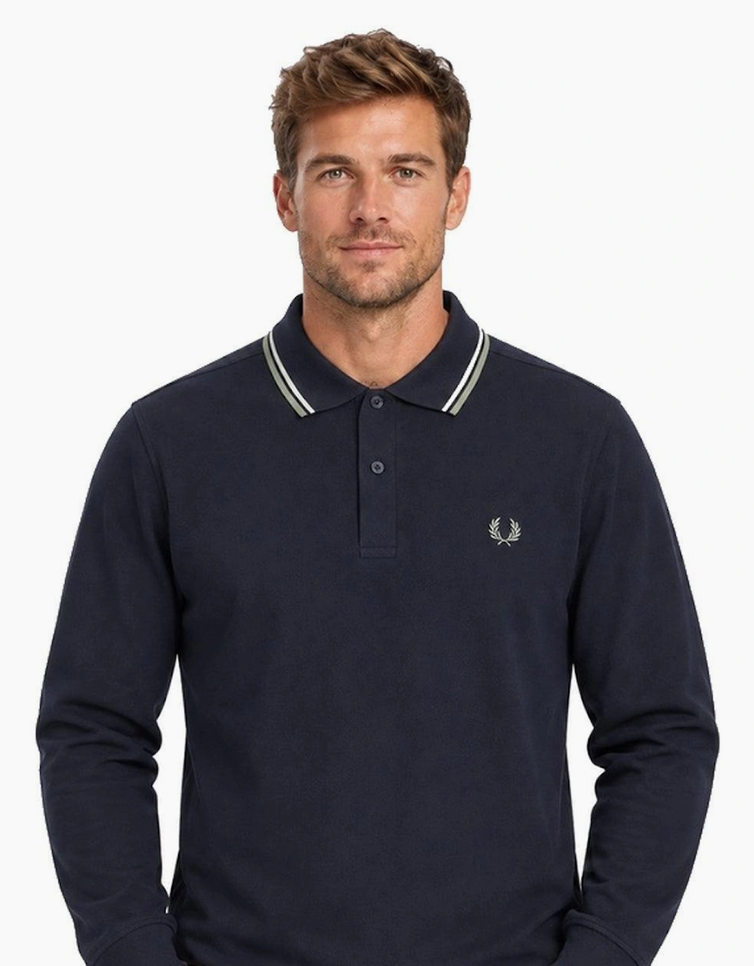 Fred Perry Long Sleeve Twin Tipped Polo Shirt Dark Airforce/Ecru/Seagrass