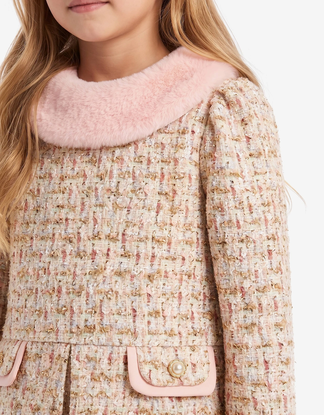 DRESS & Fleur Girls Long Sleeved Tweed Dress in Pink