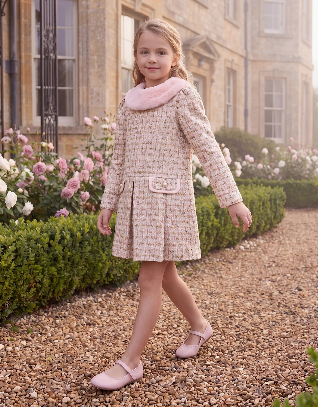 DRESS & Fleur Girls Long Sleeved Tweed Dress in Pink