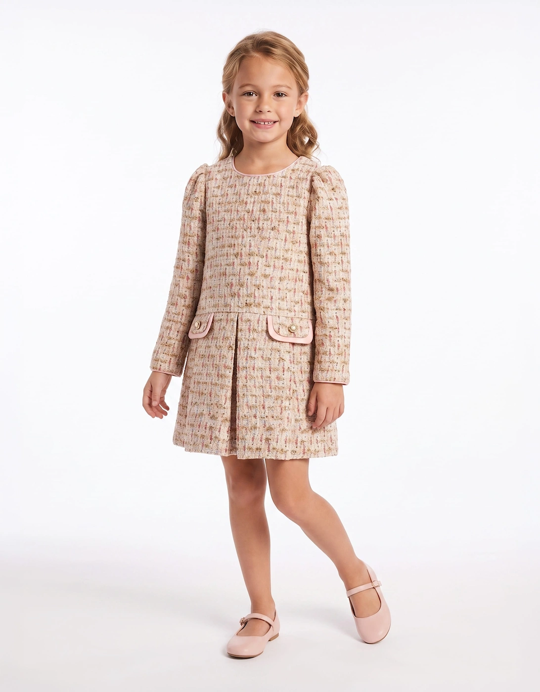 DRESS & Fleur Girls Long Sleeved Tweed Dress in Pink