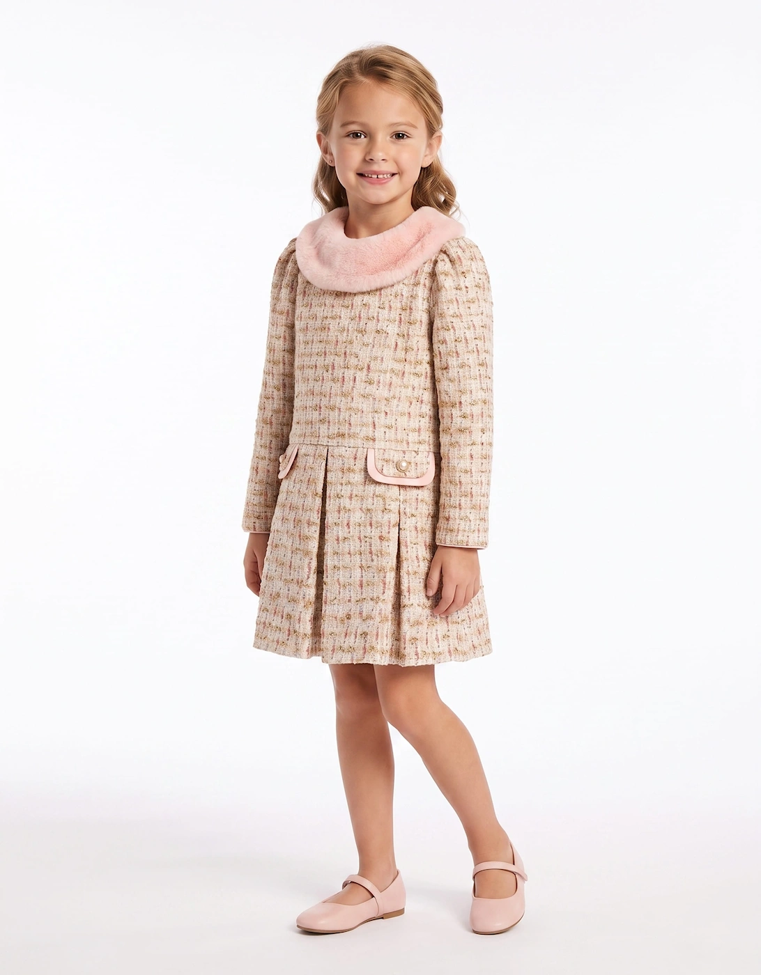 DRESS & Fleur Girls Long Sleeved Tweed Dress in Pink