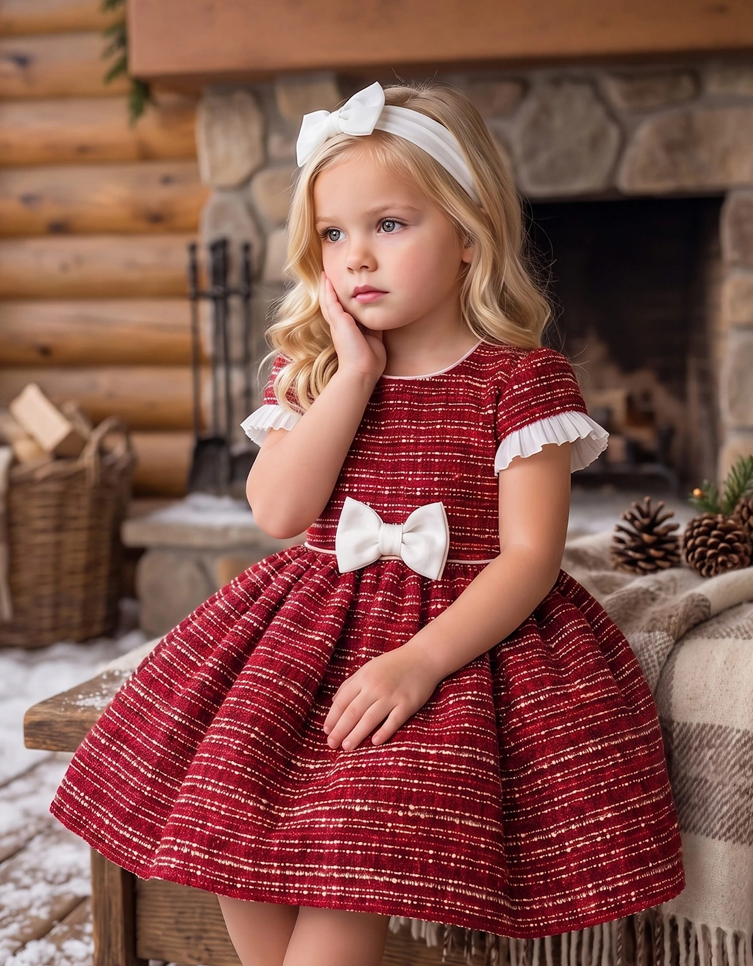 DRESS & Fleur Baby Girls Short Sleeved Tweed Dress in Red