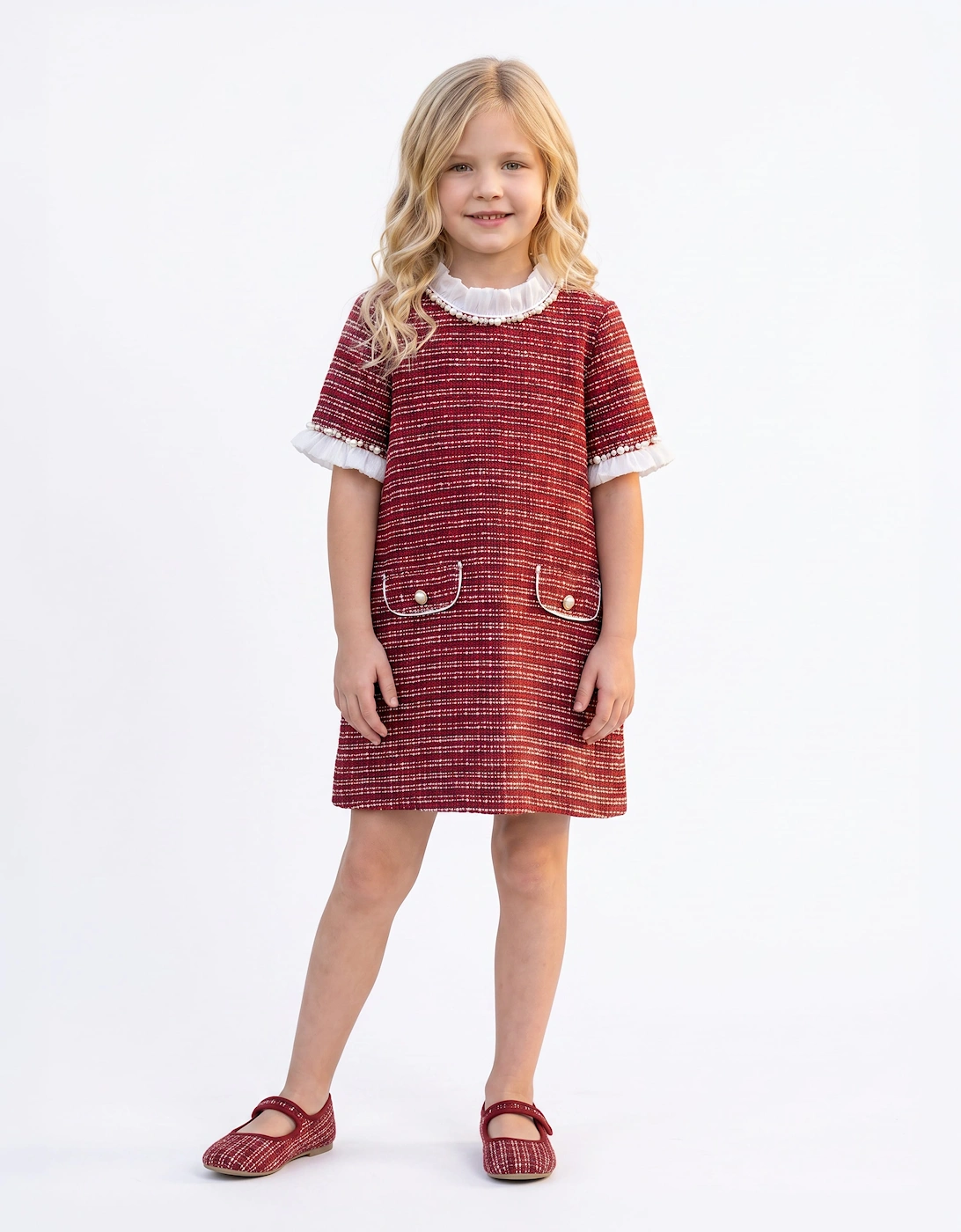 DRESS & Fleur Girls Short Sleeve Tweed Dress in Red