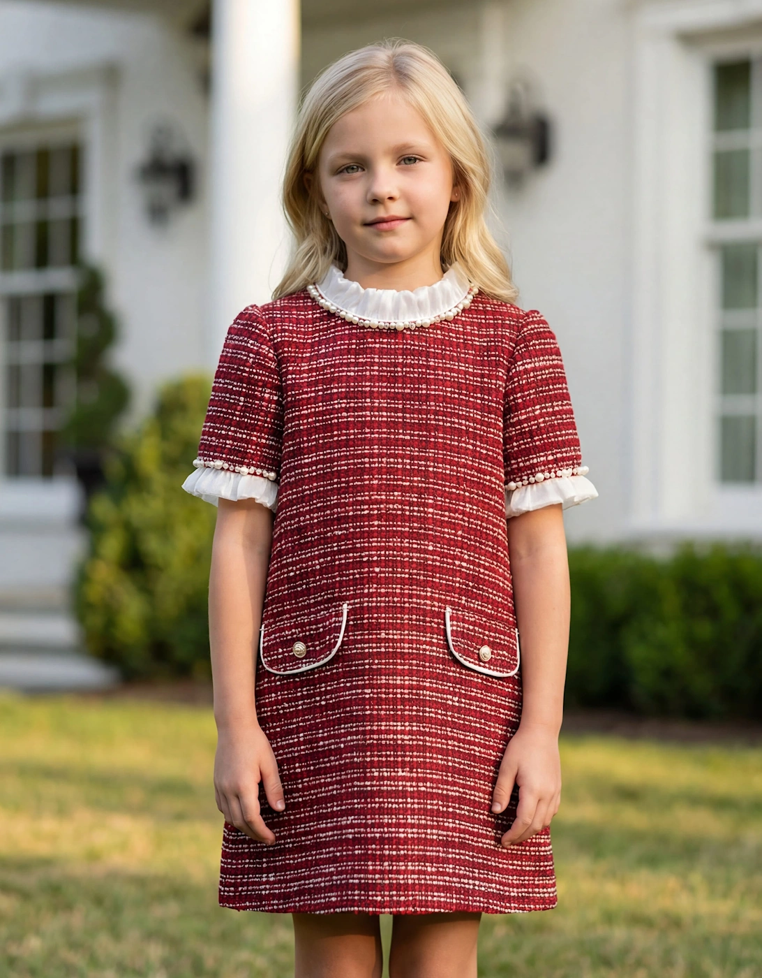 DRESS & Fleur Girls Short Sleeve Tweed Dress in Red