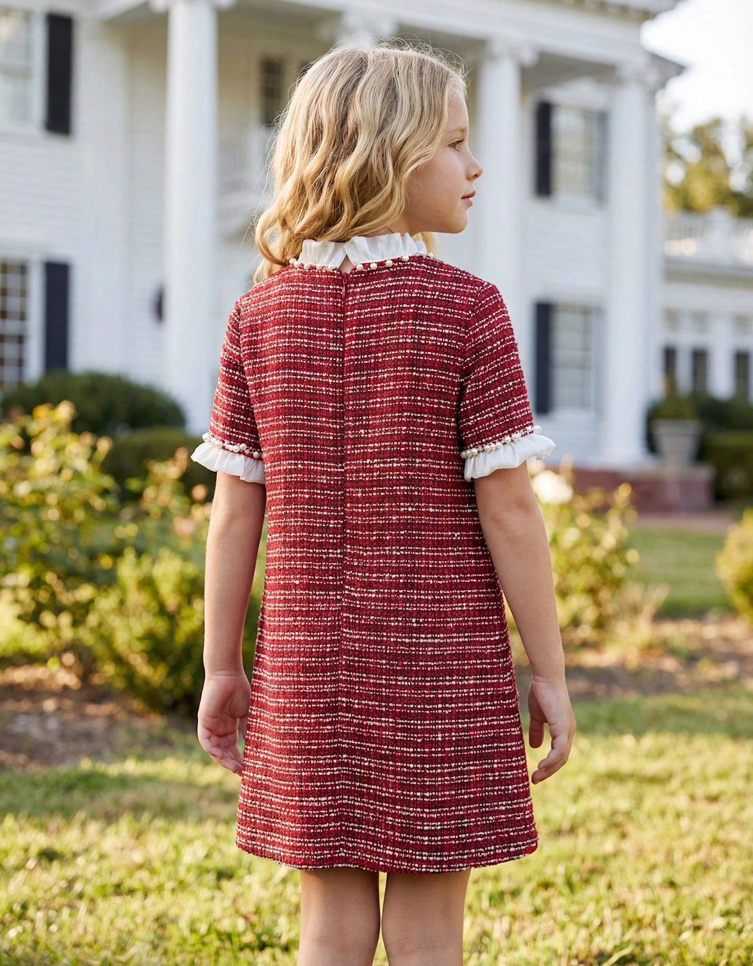 DRESS & Fleur Girls Short Sleeve Tweed Dress in Red