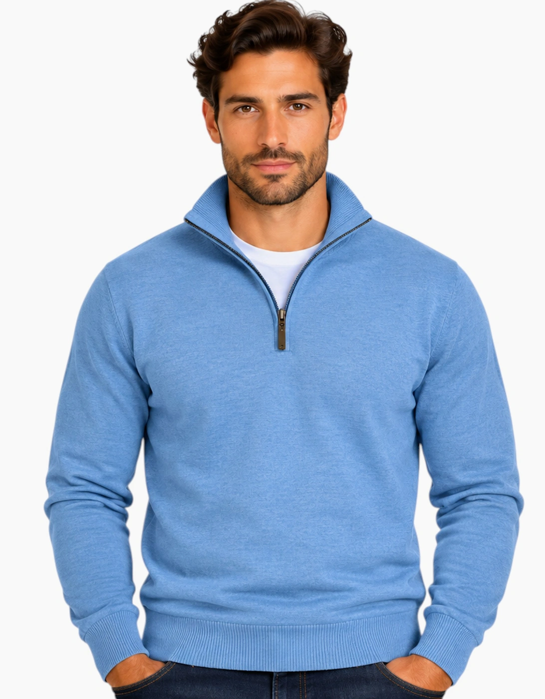 Mens Quarter Zip Sweatshirt Long Sleeve Slim Fit Premium Textured Cotton Jumper