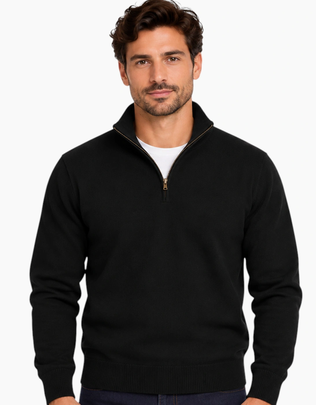 Mens Quarter Zip Sweatshirt Long Sleeve Slim Fit Premium Textured Cotton Jumper